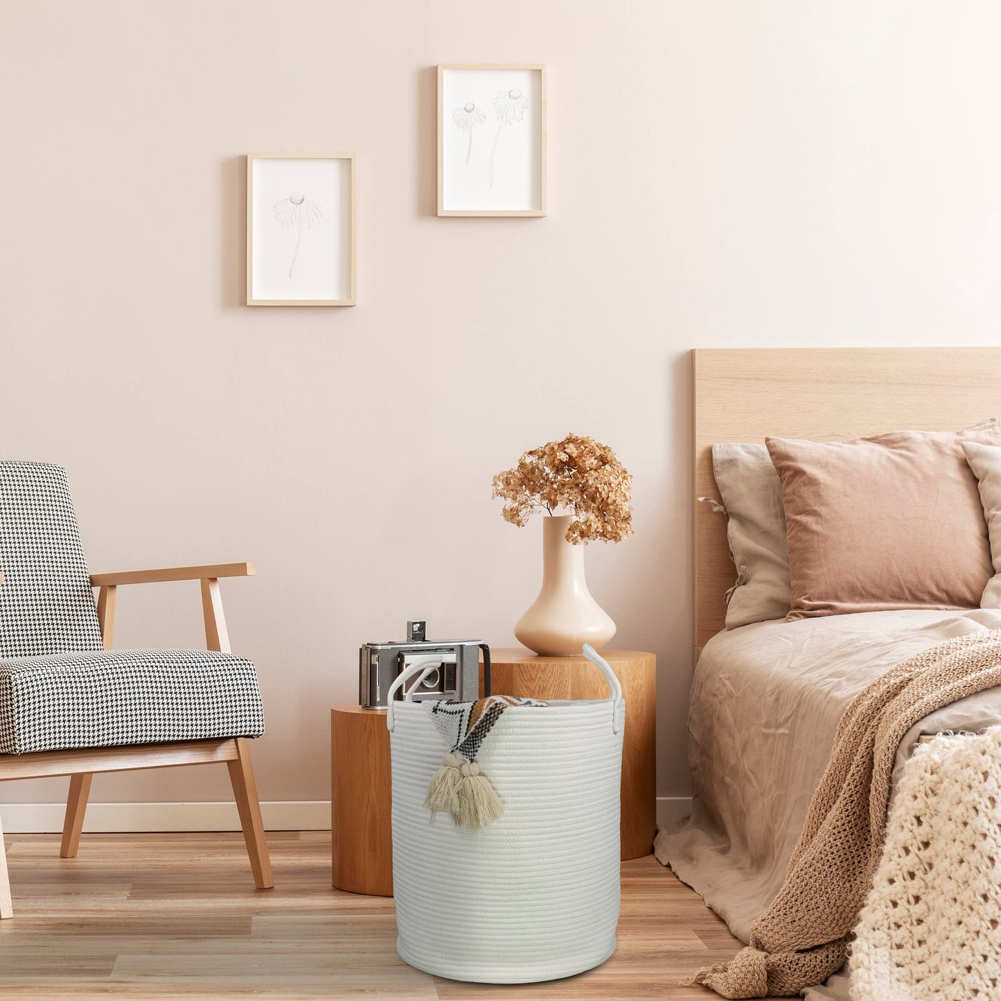 Xuanguo Cotton Rope Laundry Basket Hamper For Clothes Decorative Woven Storage Basket For Living Room Bedroom Boho Tall Rope Bas