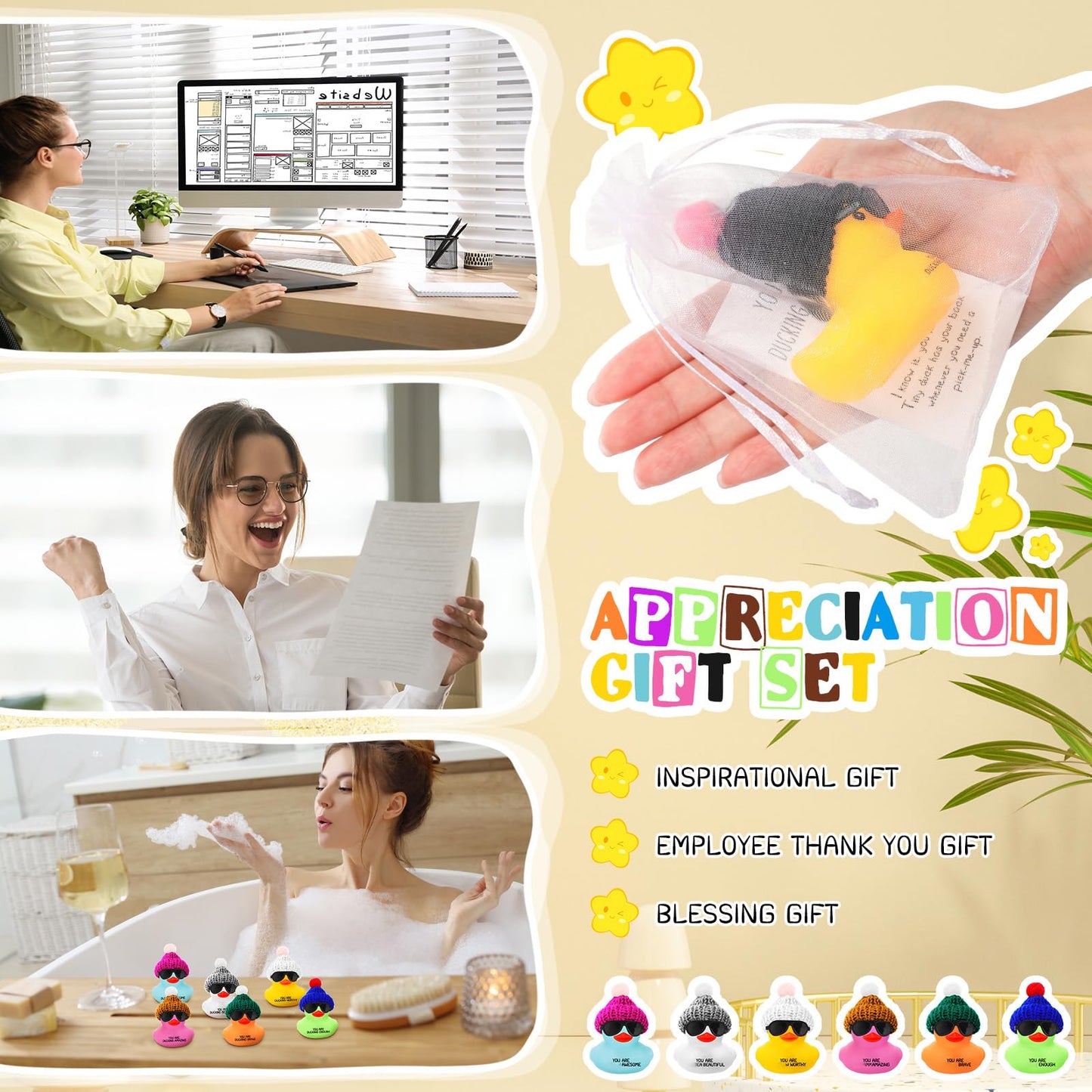 Liliful 60 Set Employee Appreciation Gift Bulk for Coworker Inspirational Mini Rubber Ducks with Glasses You are Awesome Sign Yo