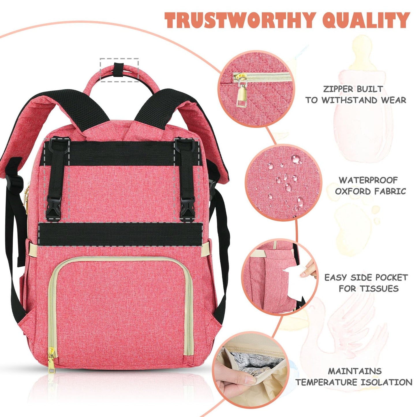 Tenot Baby Diaper Bag Backpack, Travel Diaper Bags For Baby Girl Boy Large Capacity Baby Bag Backpack For Women Pink