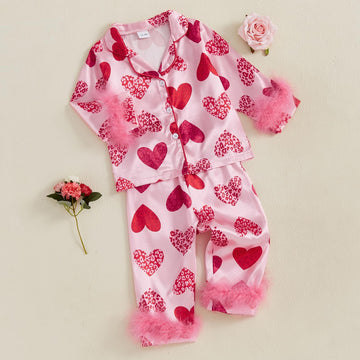 Baby Girl Silk Valentine'S Pajamas 2-Piece Button-Up Pjs Heart Feather Trim Satin Pajama Toddler Sleeper Nightgown (Pink 5T)