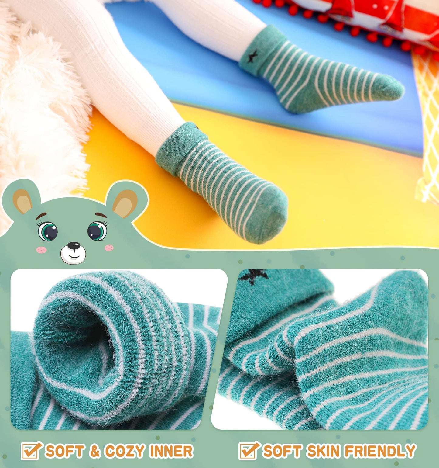 Eocom 6 Pairs Children'S Winter Thick Warm Wool Socks Soft Kids Socks Random Color (1-3 Years, Stripe)