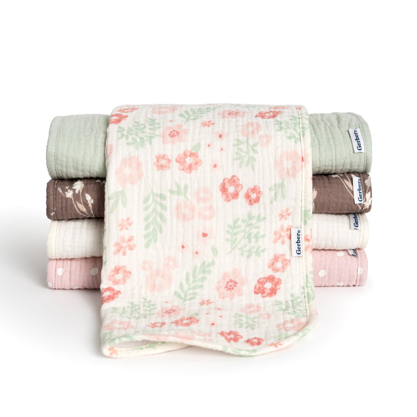 Gerber Baby Unisex Muslin Burp Cloths 5-Pack, Multi Pink Floral, Large Size 20 x 10