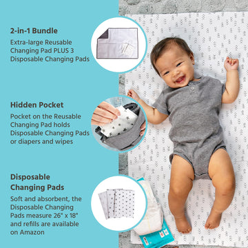 Healthy Habits By J.L. Childress Baby Changing Pad Bundle - Portable Padded Diaper Changing Pad With Pocket Plus 3 Disposable Ch