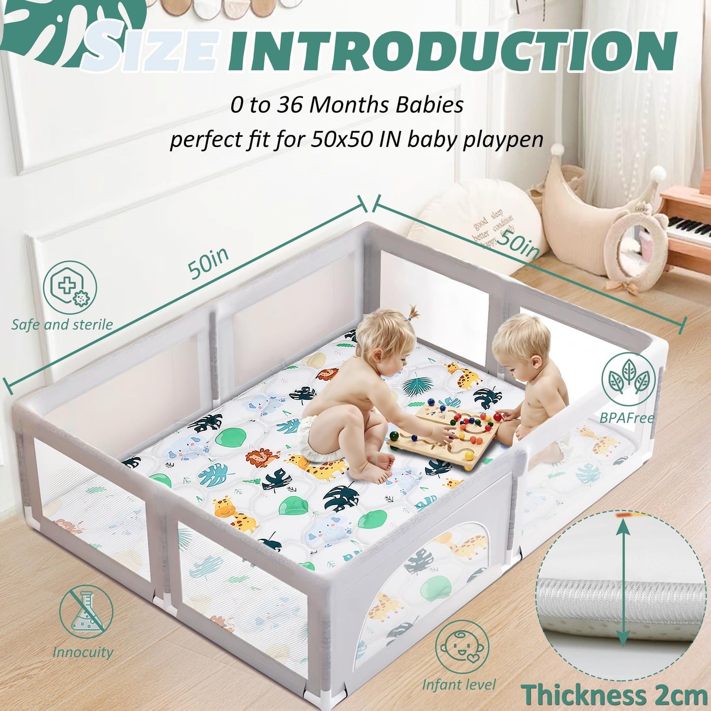 Pluushuu Baby Play Mats For Floor, 50X50 Playpen Mat For Babies, Extra Thicker & Soft Floor Crawling Mat, Foldable Non-Slip Play