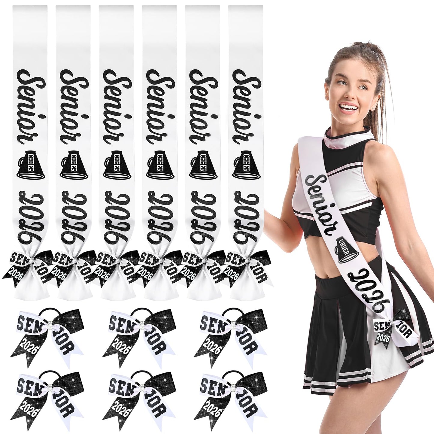 Vinsatin 6 Set Senior Sash 2026 Sport Satin Sash Glitter Cheer Hair Bow Senior Night Decor Cheerleader Gift Girl(White)