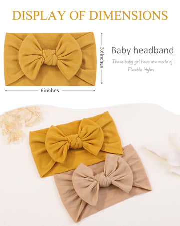 Jollybows 3Pcs Baby Nylon Headbands Hairbands Hair Bow Elastics For Baby Girls Newborn Infant Toddlers Kids (6-Khaki+Mustard+Leo
