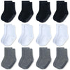 Jakidar 12 Pairs Baby Socks Cotton Crew Toddler Socks Grips Non Slip Bottom Kids Socks, Black Gray White 6-12M