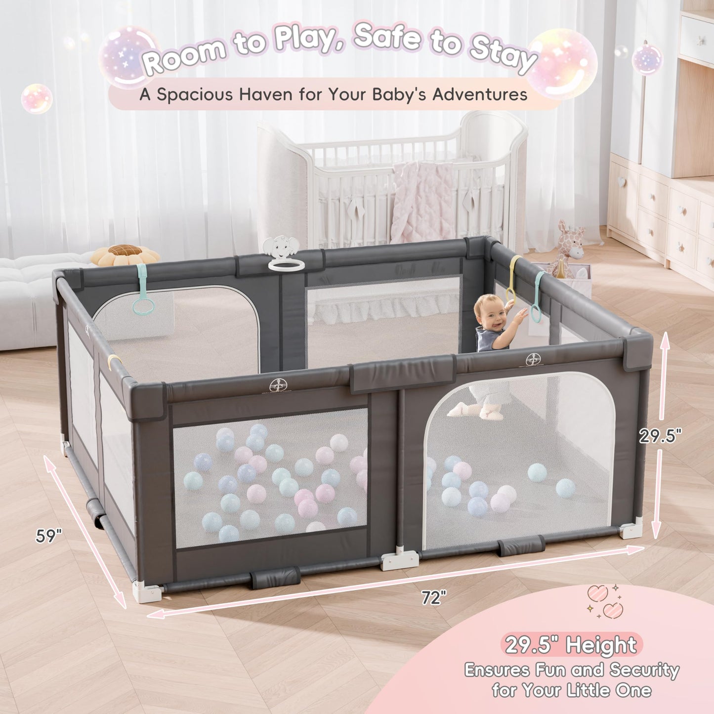 Xilingol 72 ' X 59 ' Foldable Playpen, Potable Baby Play Yard With Carry Bag, Baby Gate Playpen With Anti-Slip Suckers & Zippe