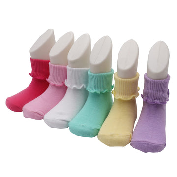 Xiyadun 6 Pairs Infant Toddler Baby Turn Cuff Ruffle Edge Ankle Socks Girls(6-12 Months, B)