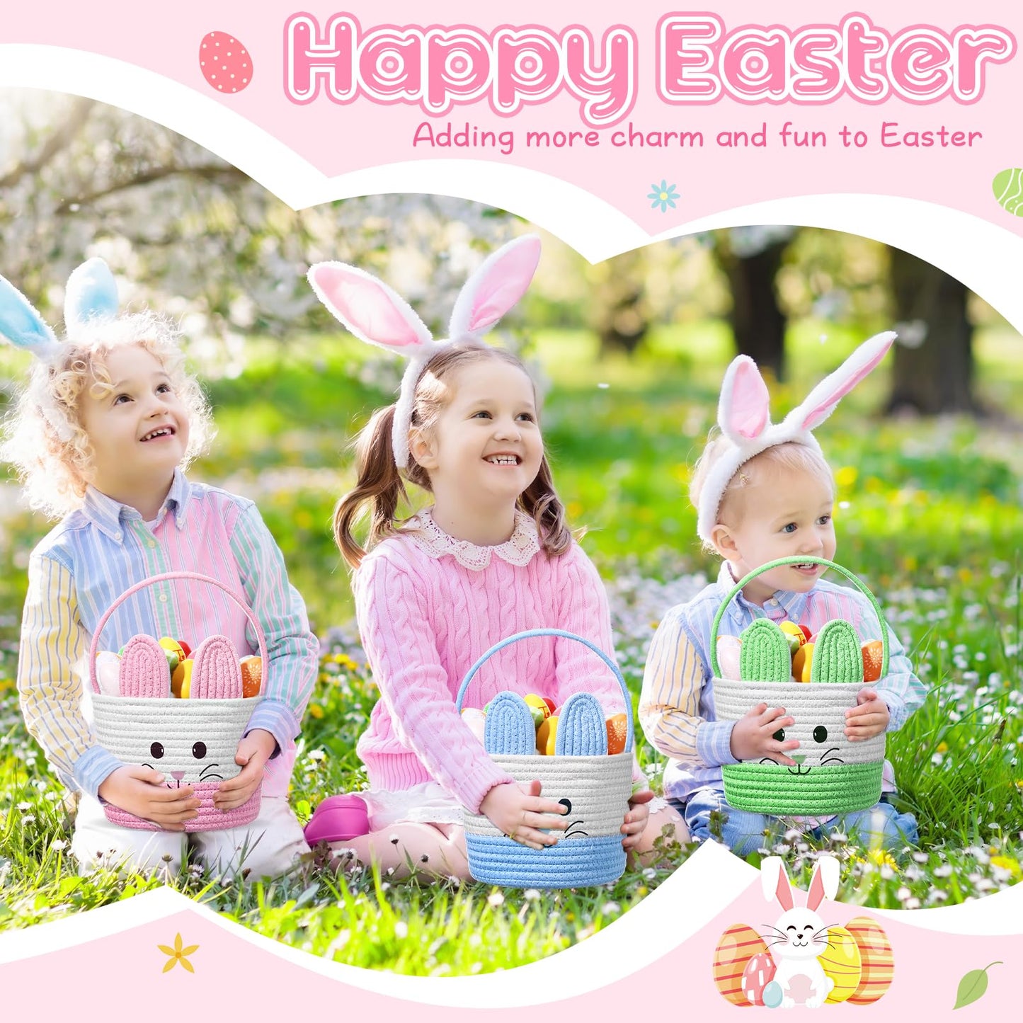 Beeveer 3 Pcs Easter Bunny Basket Bags Egg Hunt Basket Woven Cotton Easter Eggs Bucket Candy Egg Basket Egg Gift Bags Easter Tot