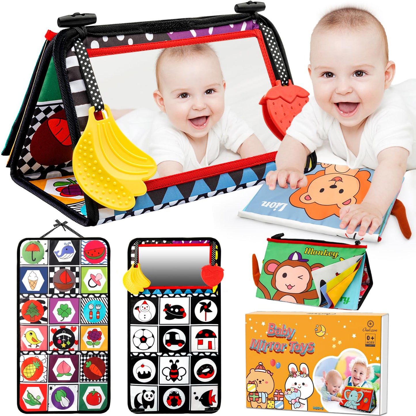 Oukzon Tummy Time Toys, Baby Toys 0-6 Months with Crinkle Book and Teethers, 6-12 Months Infant Mirror Toys High Contrast Baby G
