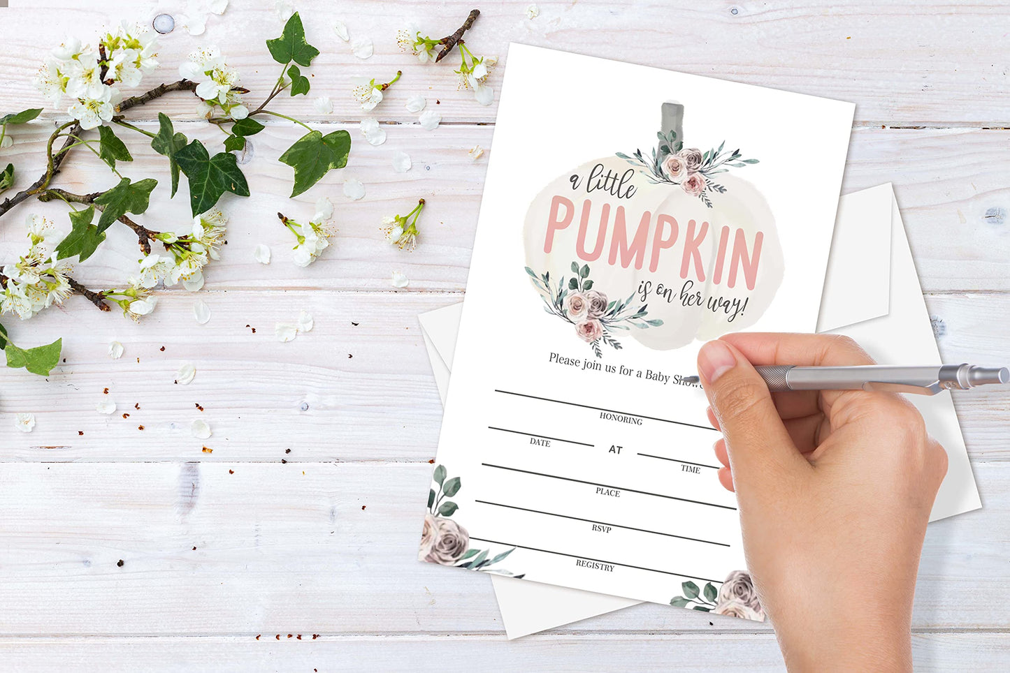 Yuansail Baby Shower Invitation Cards, Pumpkin Fill In Invites Cards, 25 Cards And Envelopes - (Bb004-Yaoqing)