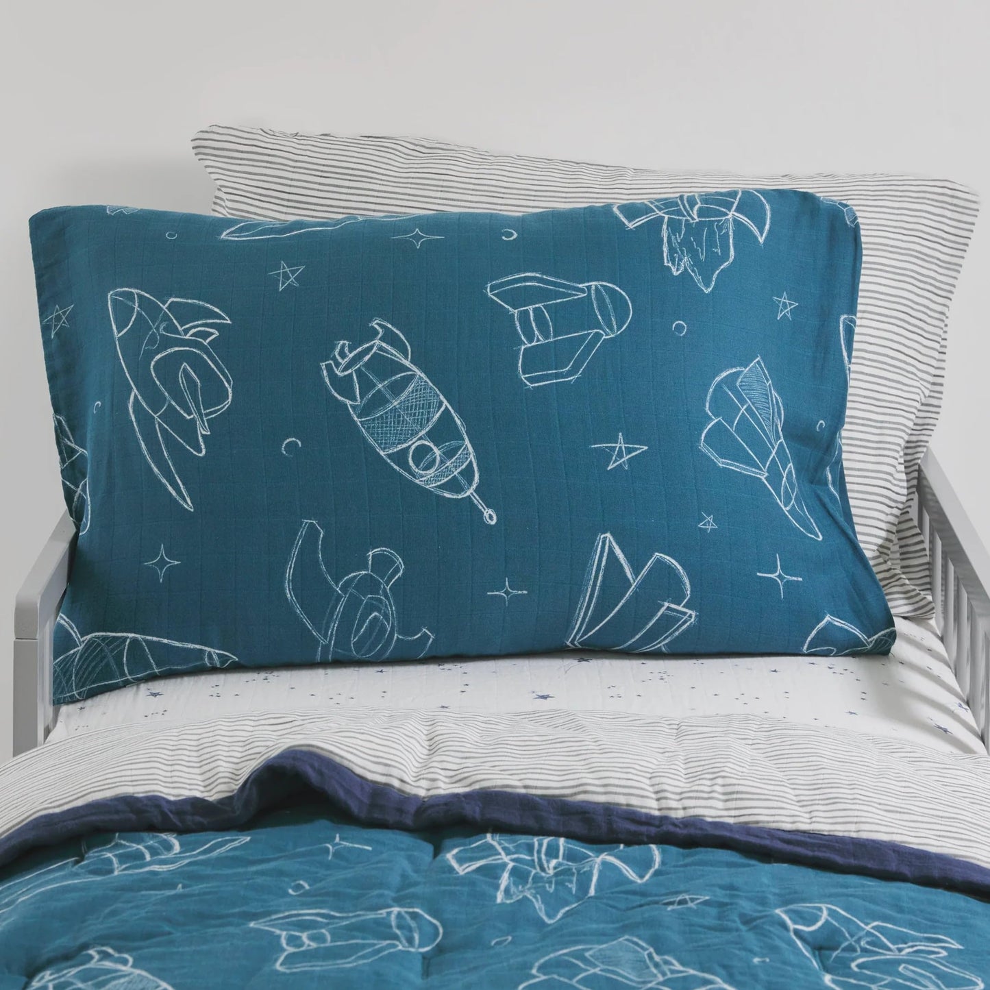 Little Unicorn Standard Pillowcase 2 Pack | Super Soft & Breathable Muslin Fabric | Snug Envelope Closure (Blast Off)