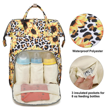 Xunteny Leopard Sunflower Baby Diaper Bag Backpack For Girls Boys, Waterproof Large Maternity Nappy Bags For Mom