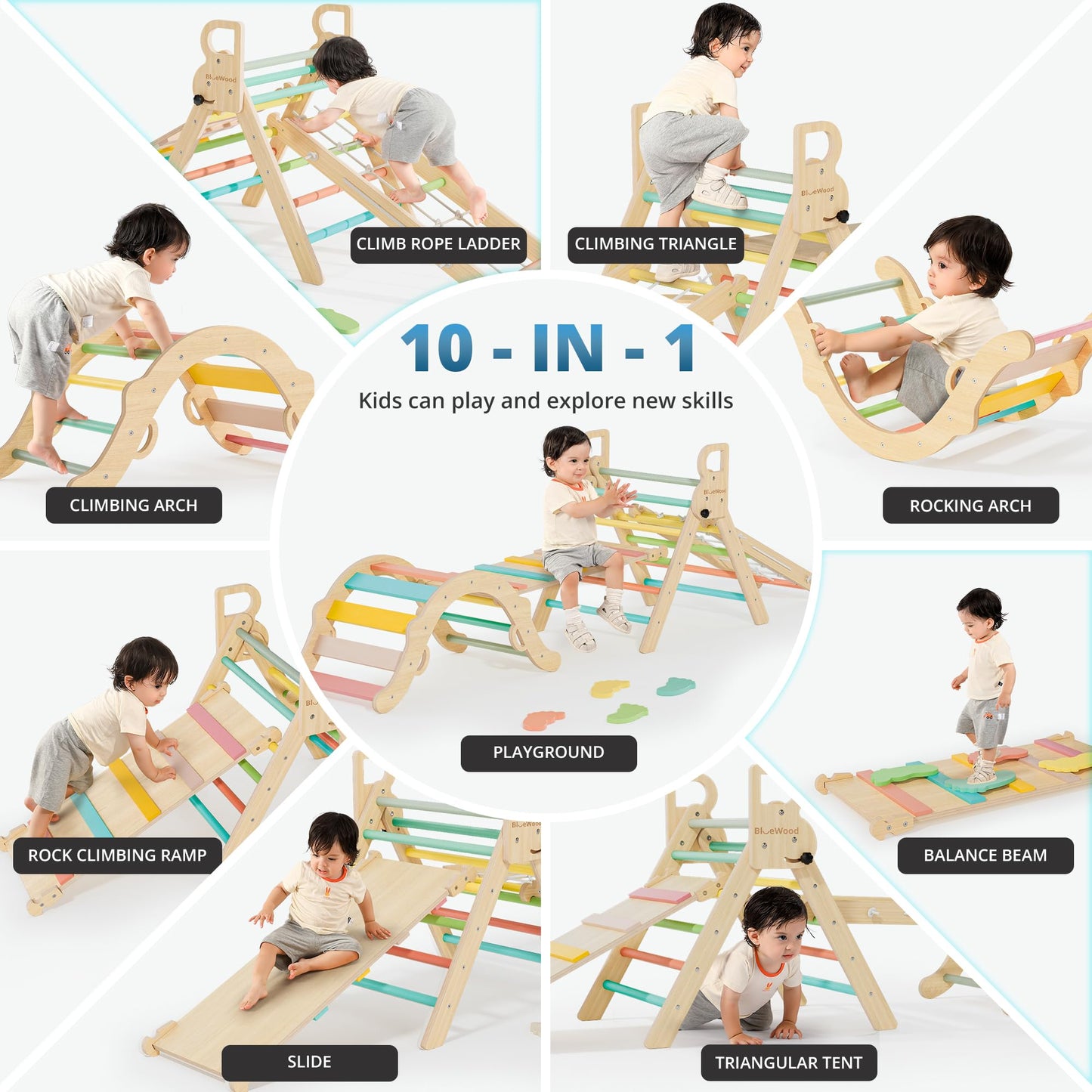 Bluewood 10-In-1 Pikler Triangle Set, Toddler Climbing Toys Indoor, Montessori Climber, Baby Jungle Gyms With Arch, Extra Rope L