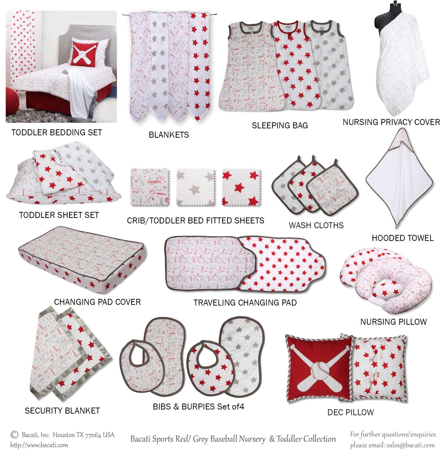 Bacati - Muslin Sports Toddler Bedding (Dec Pillow, Baseball Red/Grey)