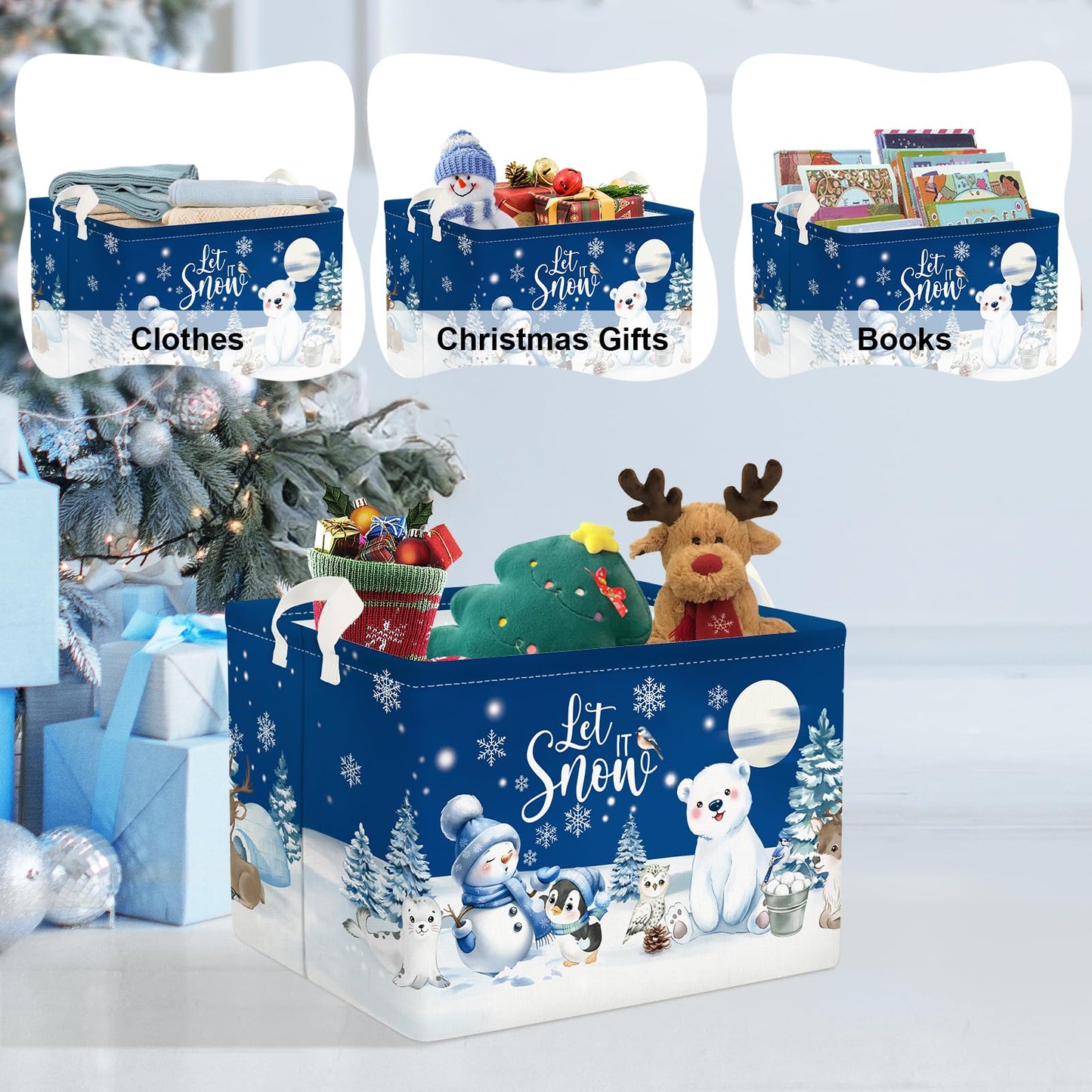 Clastyle Winter Animals Storage Basket Christmas Snowman Penguin Gift Basket Kid Polar Bear Deer Owl Seal Nursery Bin Large Clot