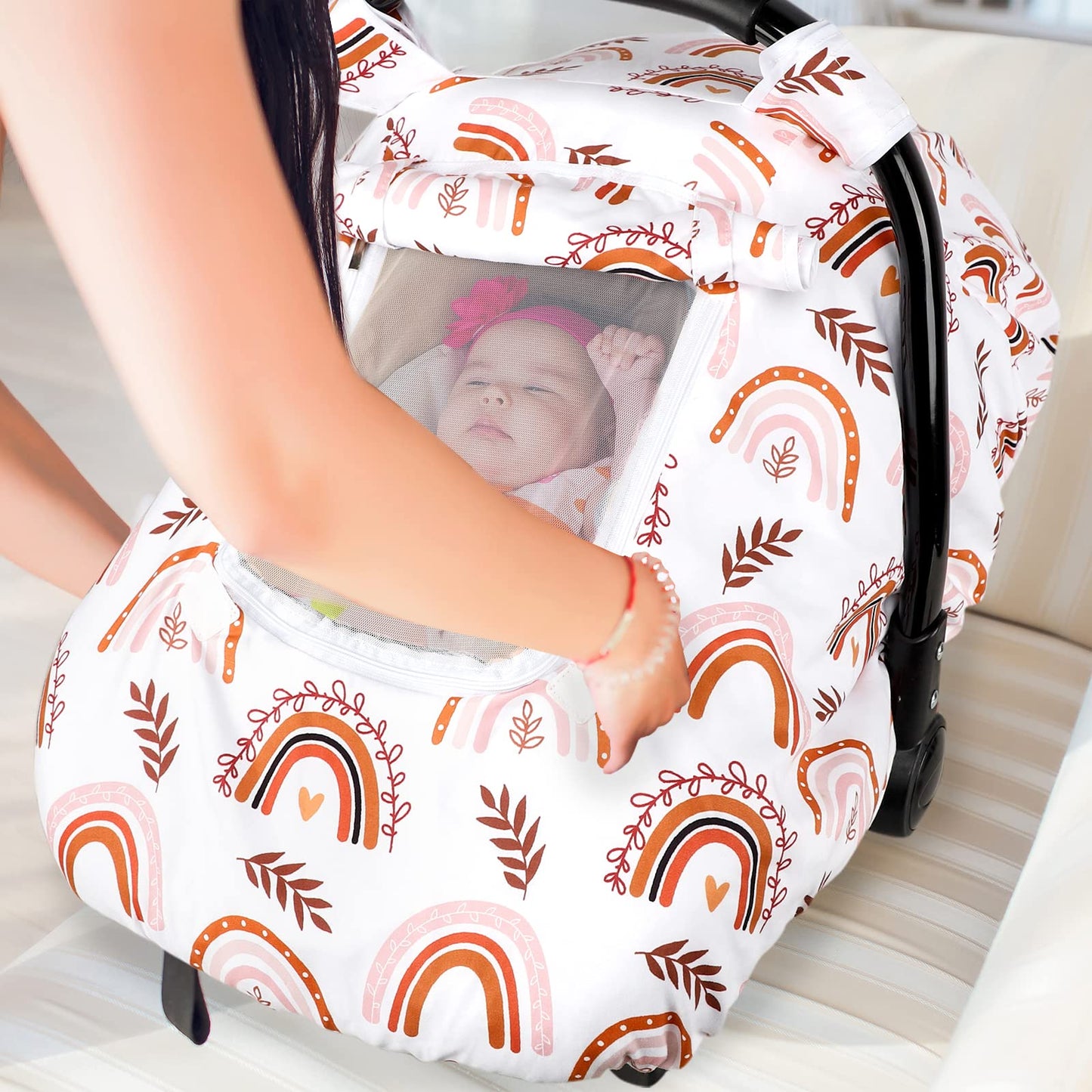 Pea Pod Baby Car Seat Cover Girls, Infant Rainbow Car Seat Covers Canopy For Newborn,2 Layers Windows Of Breathable Mesh/Fabric,