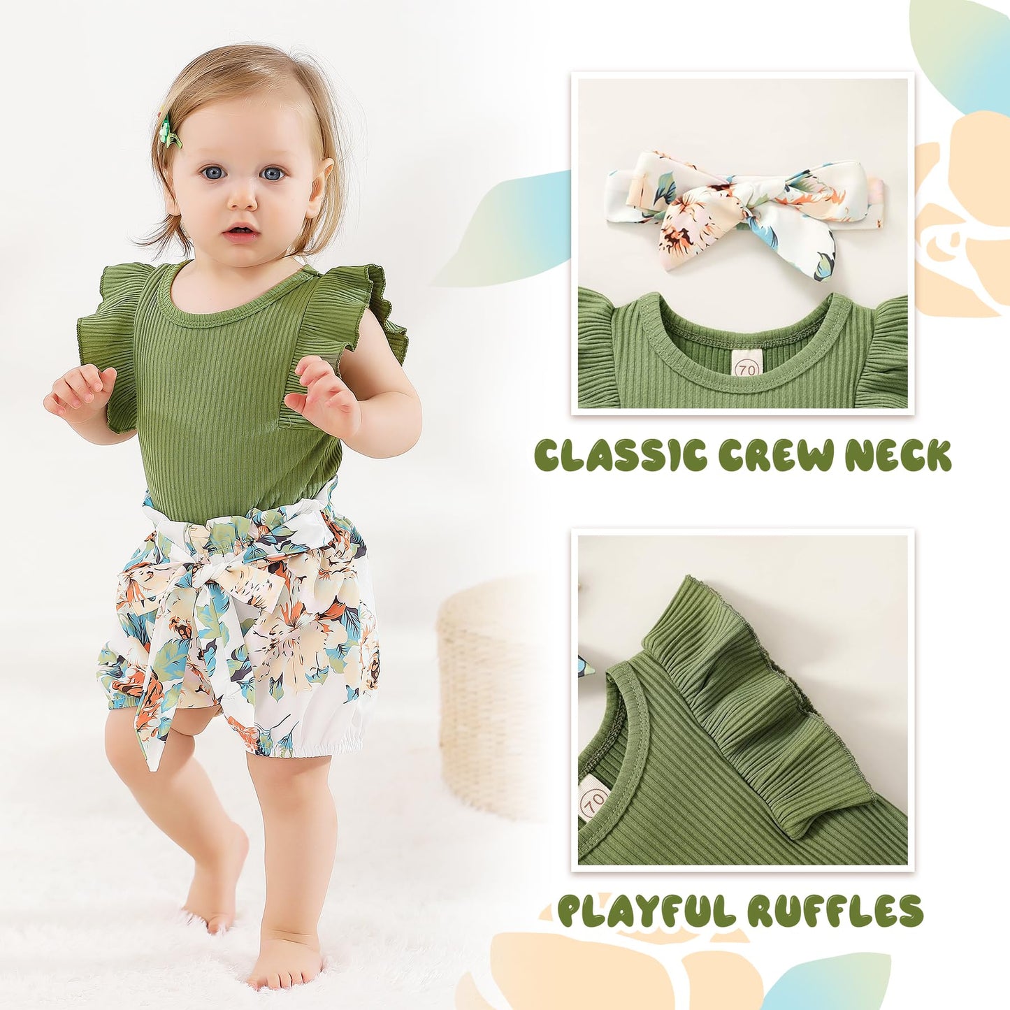Tiny Cutey Baby Girl Clothes Infant Summer Outfits Set Ruffle Sleeve Romper And Floral Shorts With Headband (Sleeveless Green, 7