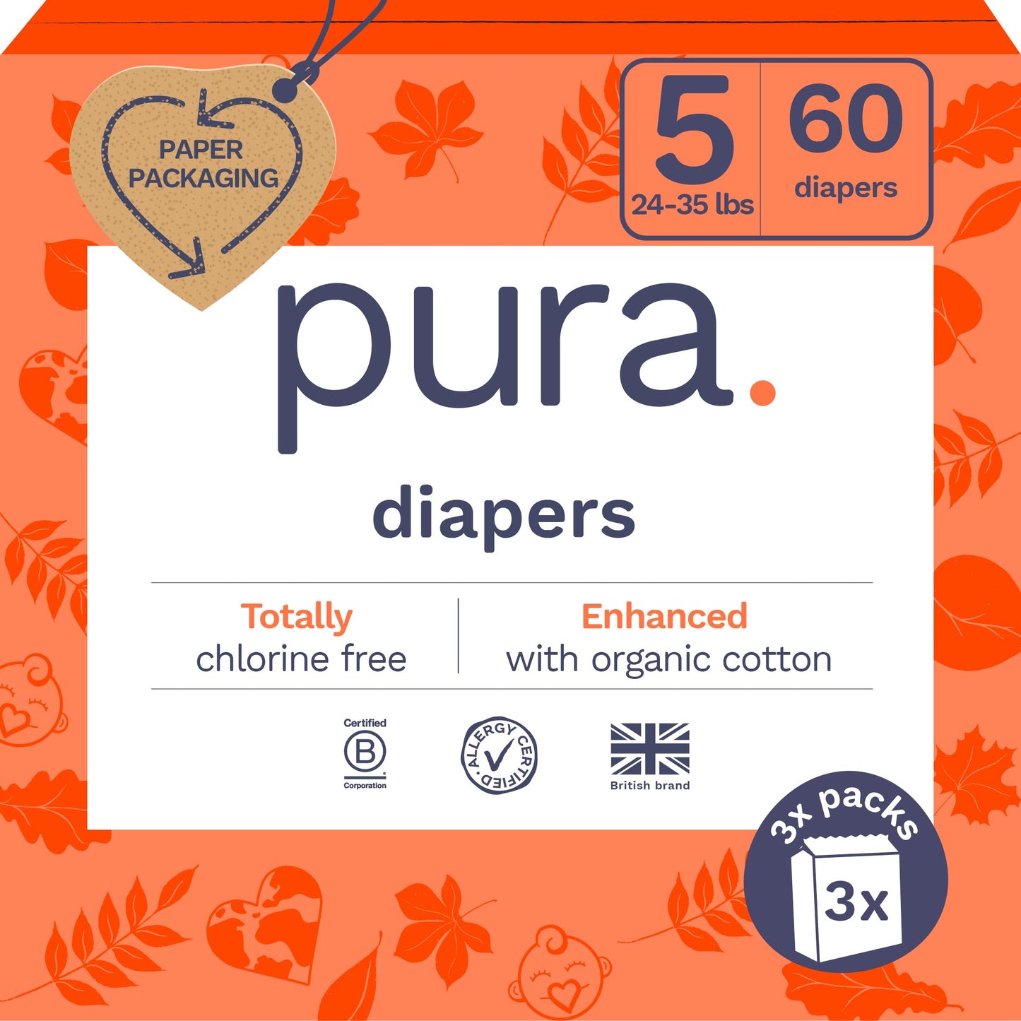 Pura Size 5 Eco-Friendly Diapers (24-35 lbs) Totally Chlorine Free (TCF) Hypoallergenic, Soft Organic Cotton, up to 12 Hours Lea