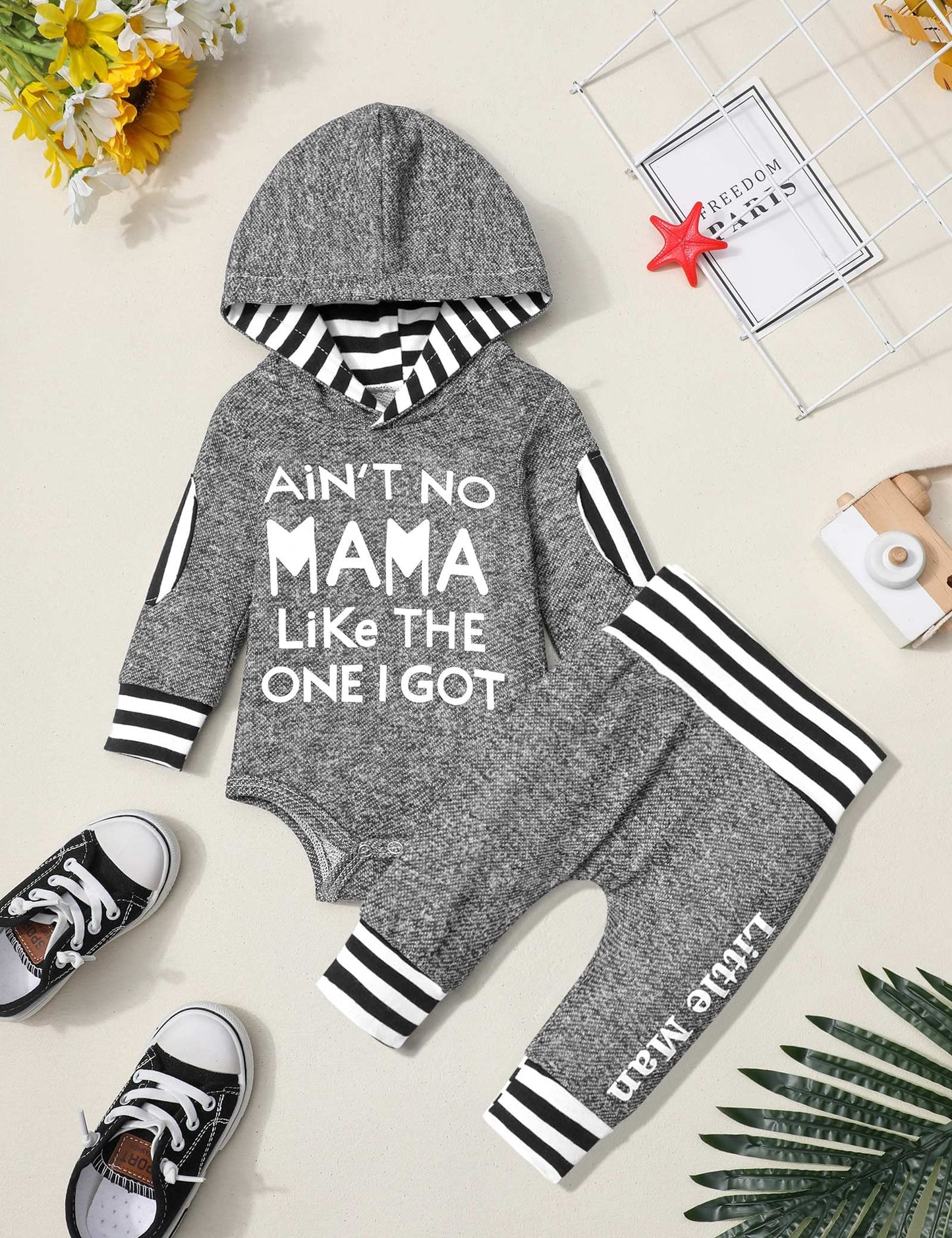 Fommy Baby Boy Clothes 9-12 Months Boy Clothes Letter Print Hoodies+Little Man Stripe Long Pants 2Pcs Boy Outfits Baby Boy Stuff