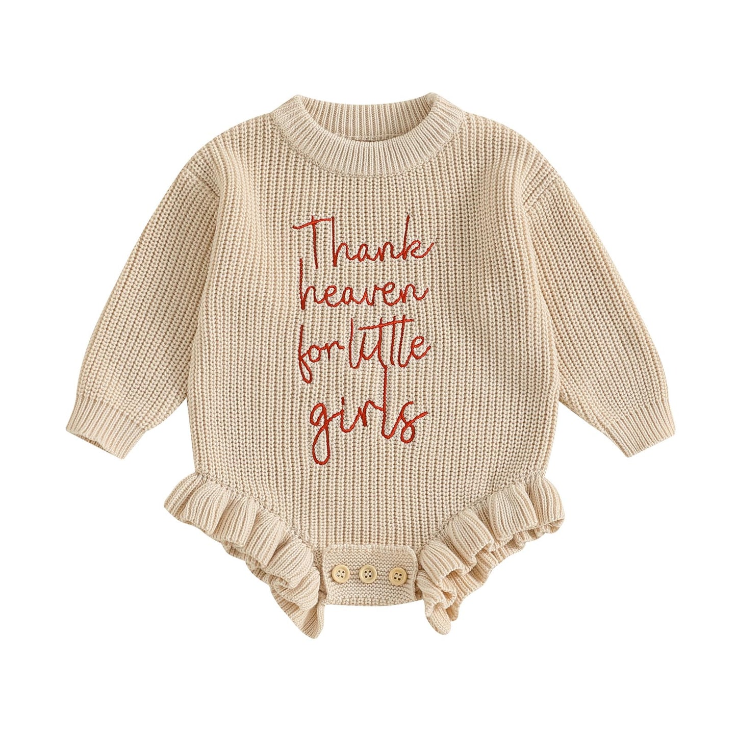 Gueuusu Baby Girl Sweater Romper Long Sleeve Thank Heaven for Little Girls Embroidery Bodysuit Newborn Winter Clothes (Beige, 0-
