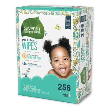 Seventh Generation 34219Ct Free & Clear Baby Wipes, Refill, Unscented, White, 256/Pk, 3 Pk/Ct
