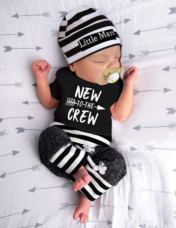 Fommy Baby Boy Clothes New To The Crew Letter Print Short Sleeve Romper+Long Pants+Stripe Hat 3Pcs Outfits Set 6-9 Months