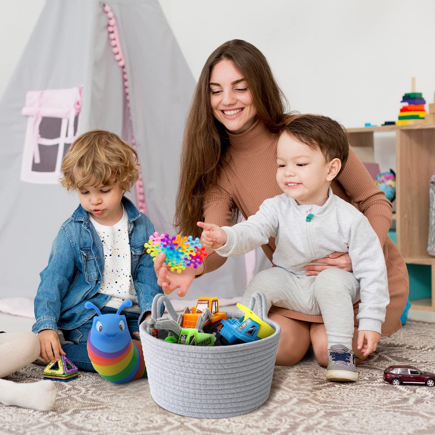 Cafshion Small Toy Basket With Cat Ears, Cute Basket Toy Organizer With Handles Woven Cotton Rope Basket Decorative Basket Nurse