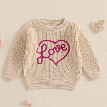 Nokpsedcb Baby Girl Cute Long Sleeve Heart Flowers Embroidery Oversized Sweater Toddler Valentine Outfit (Beige Love, 2-3 Years)