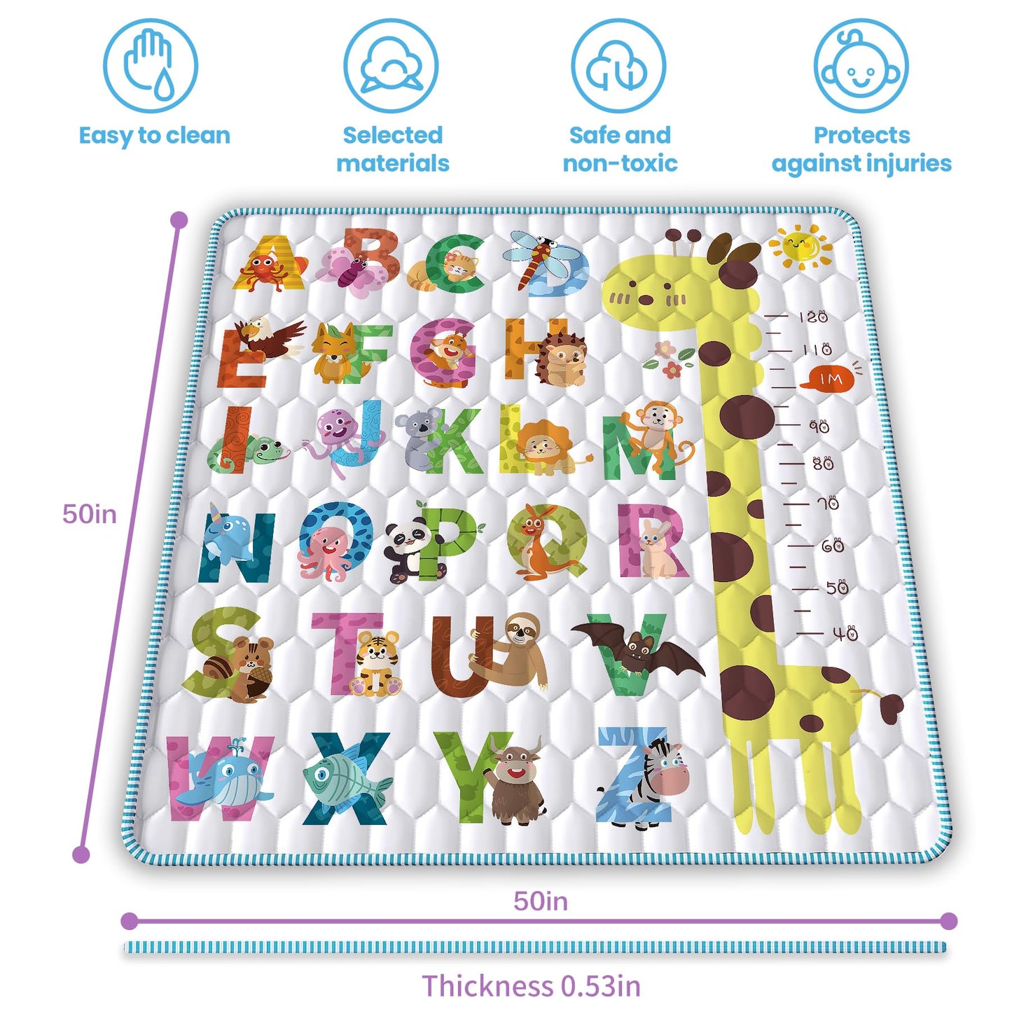 Baby Play Mat For Floor, 2 In 1 Crawling & Learning 50X50 Playpen With Vivid Alphabet & Animal Pattern, Non-Slip One-Piece Foam