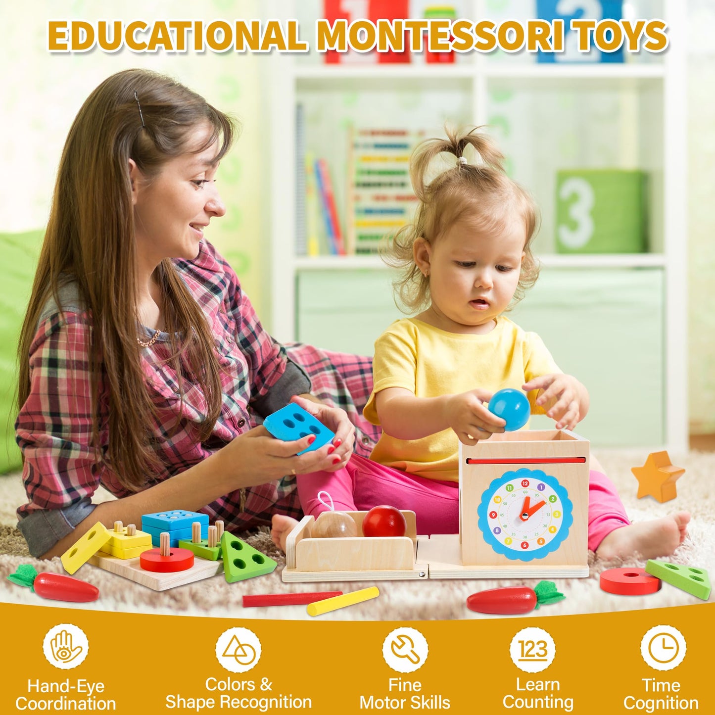 Kizfarm Wooden Montessori Baby Toys, 8-in-1 Wooden Play Kit Includes Object Permanent Box, Coin Box, Carrot Harvest, Shape Sorti