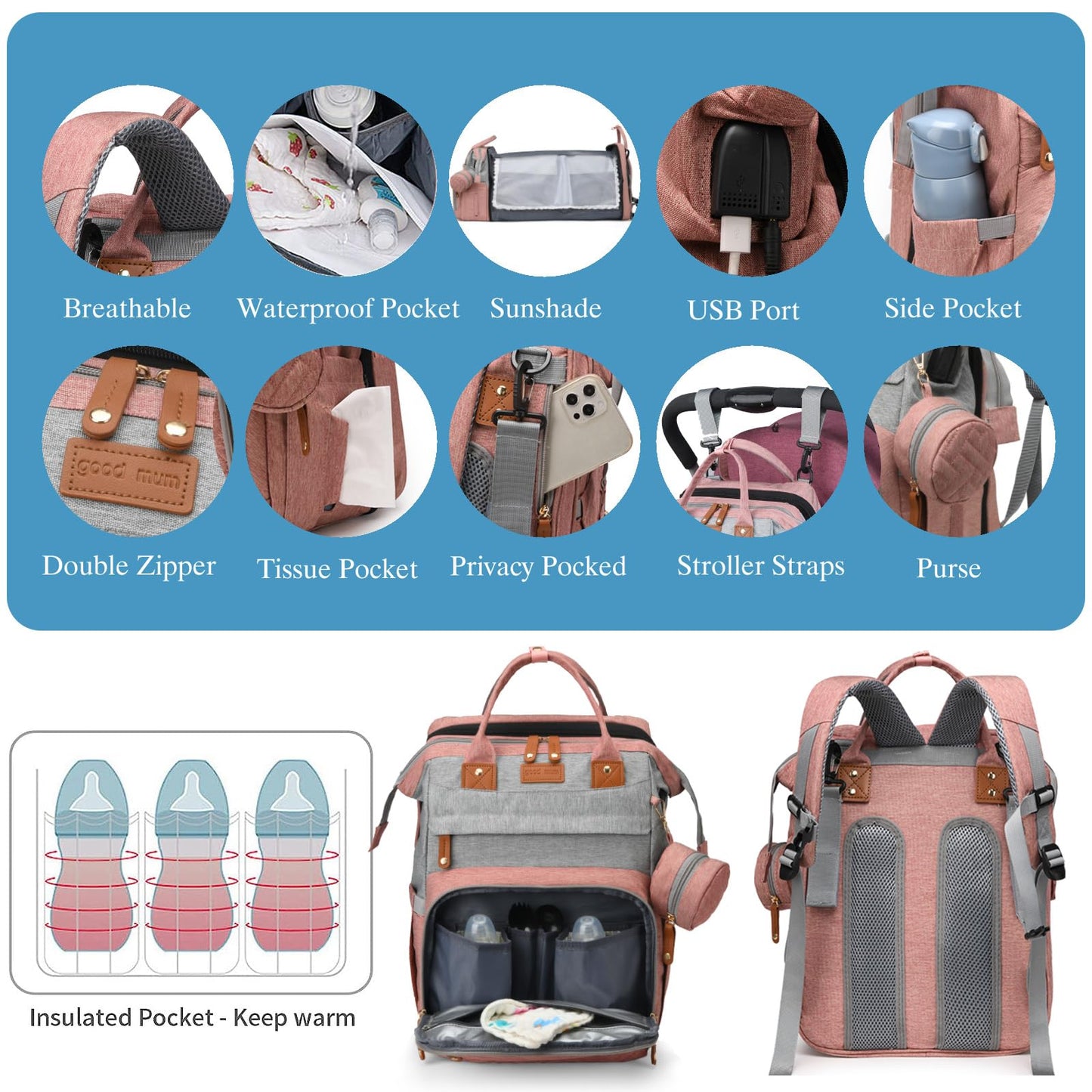 Jeryswet Baby Diaper Bags With Changing Station, Waterproof Large Capacity Diaper Bag Backpack For Moms Dads With Usb Charging P