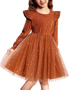 Arshiner Fall Dresses For Girls Velvet Tulle Tutu Fall Long Sleeve Outfit Brown Sequin Size 7
