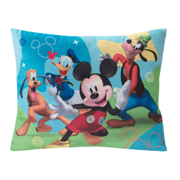 Disney Mickey Mouse Blue, Red, And Green, Donald Duck, Pluto, And Goofy Fun Starts Here Decorative Throw Pillow