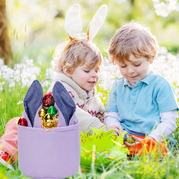 Leziazany Easter Basket Seersucker Egg Hunt Bunny Baskets For Kids With Cute Rabbit Ears Stripe Storage Gifts Candies Personaliz