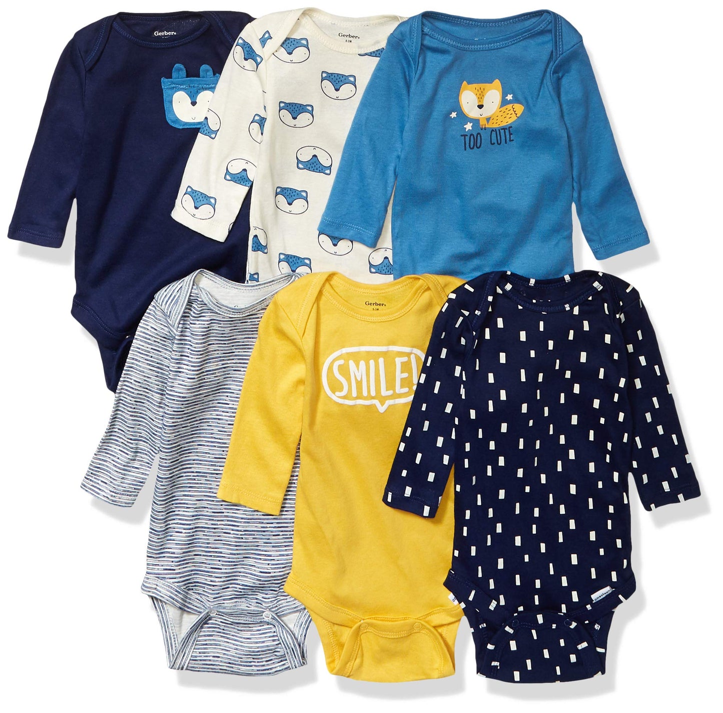 Gerber Baby Boys 6-Pack Long-Sleeve Onesies Bodysuit, Fox, 0-3 Months