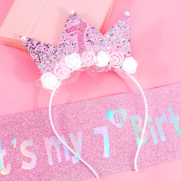 Vovii 7Th Birthday Decorations For Girls, Birthday Girl Headband & Glitter Sash Set For 7 Year Old Girl Birthday Decorations, Bi