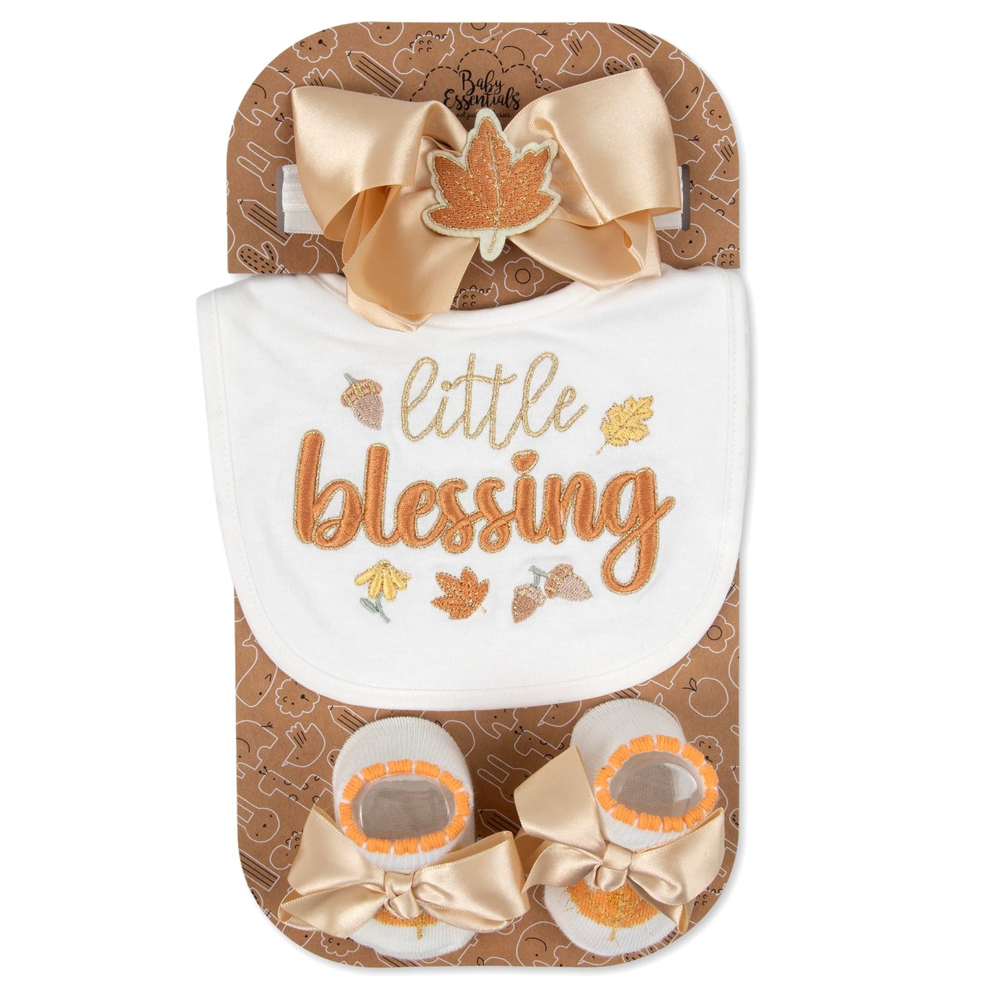 Baby Bib, Booties & Headband Gift Set - 3 Piece Newborn Infant Thanksgiving Outfit Little Blessing - Fall Infant Gift for Boy
