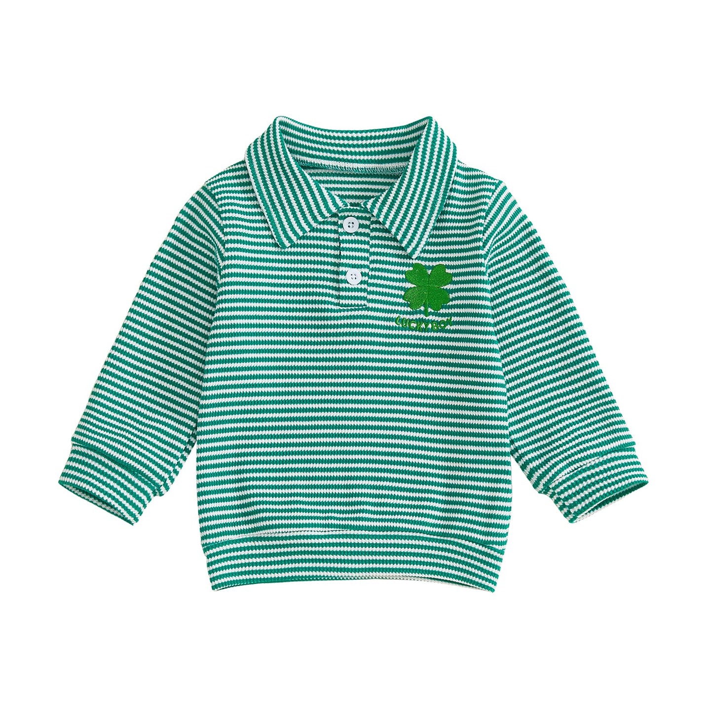 GOOCHEER Toddler Baby Boy St. Patricks Day Outfit Clover Letter Waffle Striped Long Sleeve Polo Shirt Button-up Pullover Top (Gr