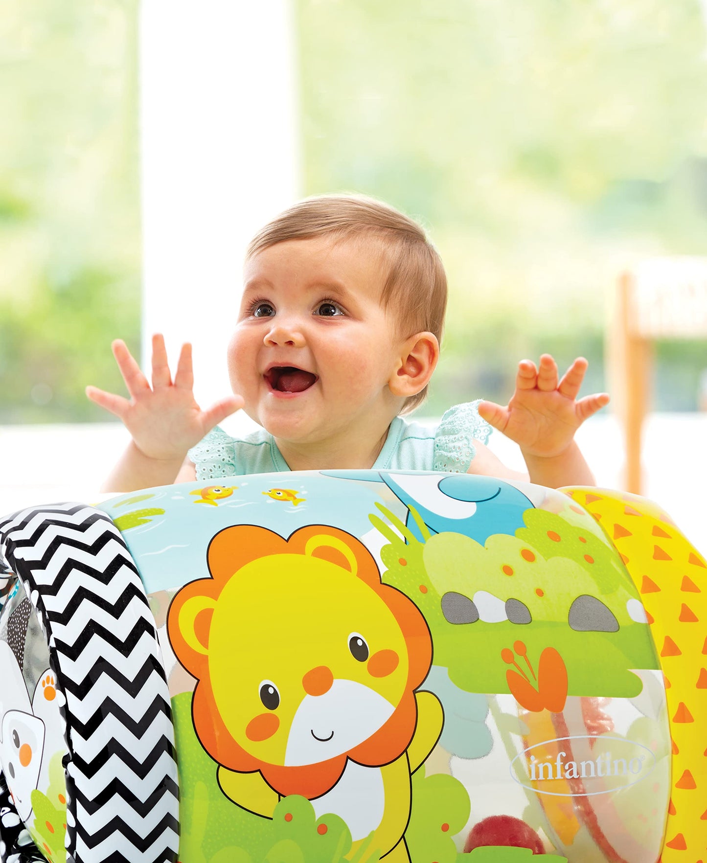 Infantino Jungle Peek & Roll - Encourages Crawling, Inflatable Activity Toy with Bouncing Balls Inside, Fun & Friendly Animal Ch