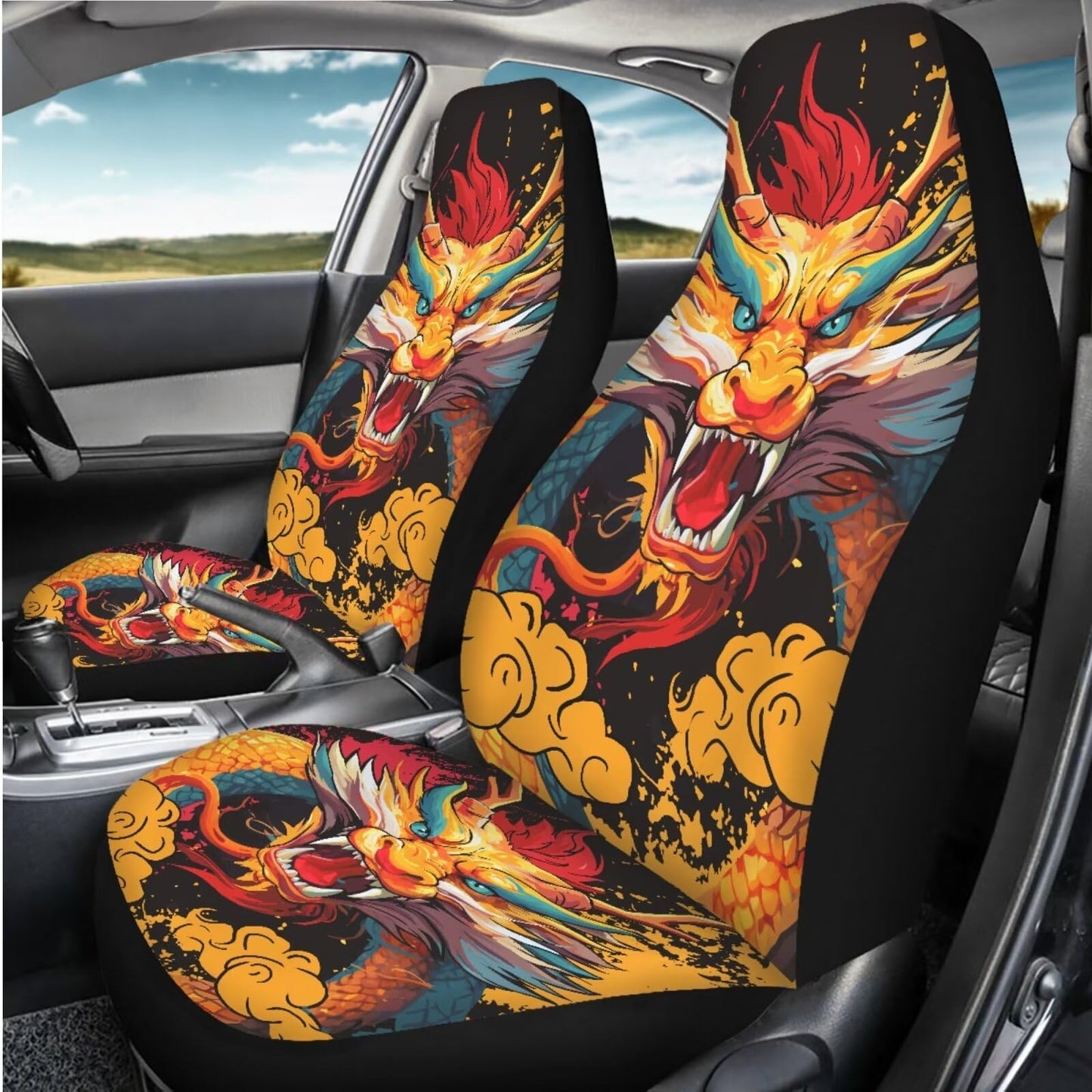 Whosucclay Dragon Print 2pcs Car Seat Covers for Front Seats Only, Washable Polyester Seat Covers, Car Accessories for Auto Truc