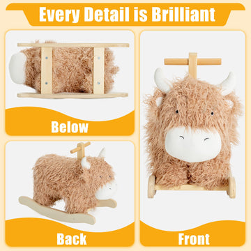 Baby Rocking Horse for 1 Year Old,Wooden Cow/Yak Horse Rocking with Wicker Plush Wooden Ride On Toy for 2 Years Old Girl&Boy Nur