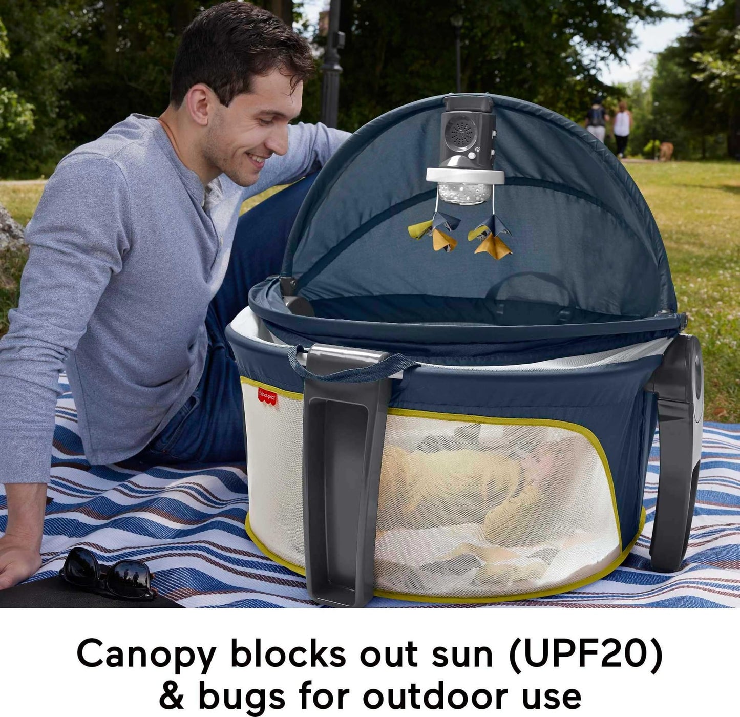 Fisher-Price Portable Baby Bassinet Deluxe On-The-Go Projection Dome, Travel Play Space For Newborns With Lights Music & Canopy,