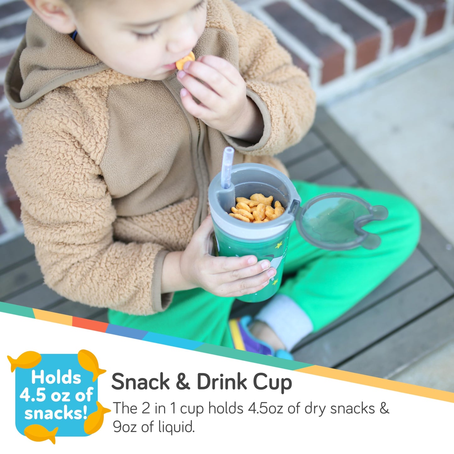 Nuby All In One Snack Bowl And No Spill Soft Straw Cup - 1 Pack Multicolor Snack N' Sip - Holds: 4.5 Oz Container With Lid And 9