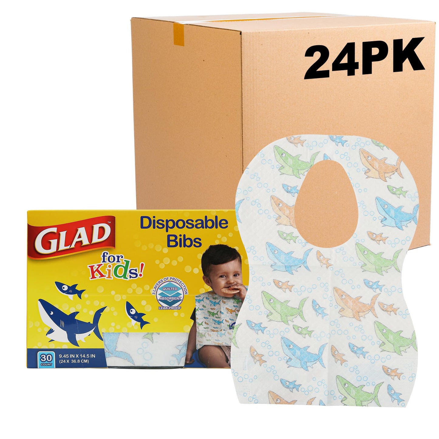 Glad for Kids Shark Paper Disposable Bibs with Crumb Catcher for Feeding - Absorbent and Leakproof Eating and Travel Must Haves