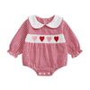 Newborn Baby Girls Valentines Day Clothes Long Sleeve Doll Collar Smocked Heart Embroidery Plaid Bubble Romper Outfit (Red, 12-1