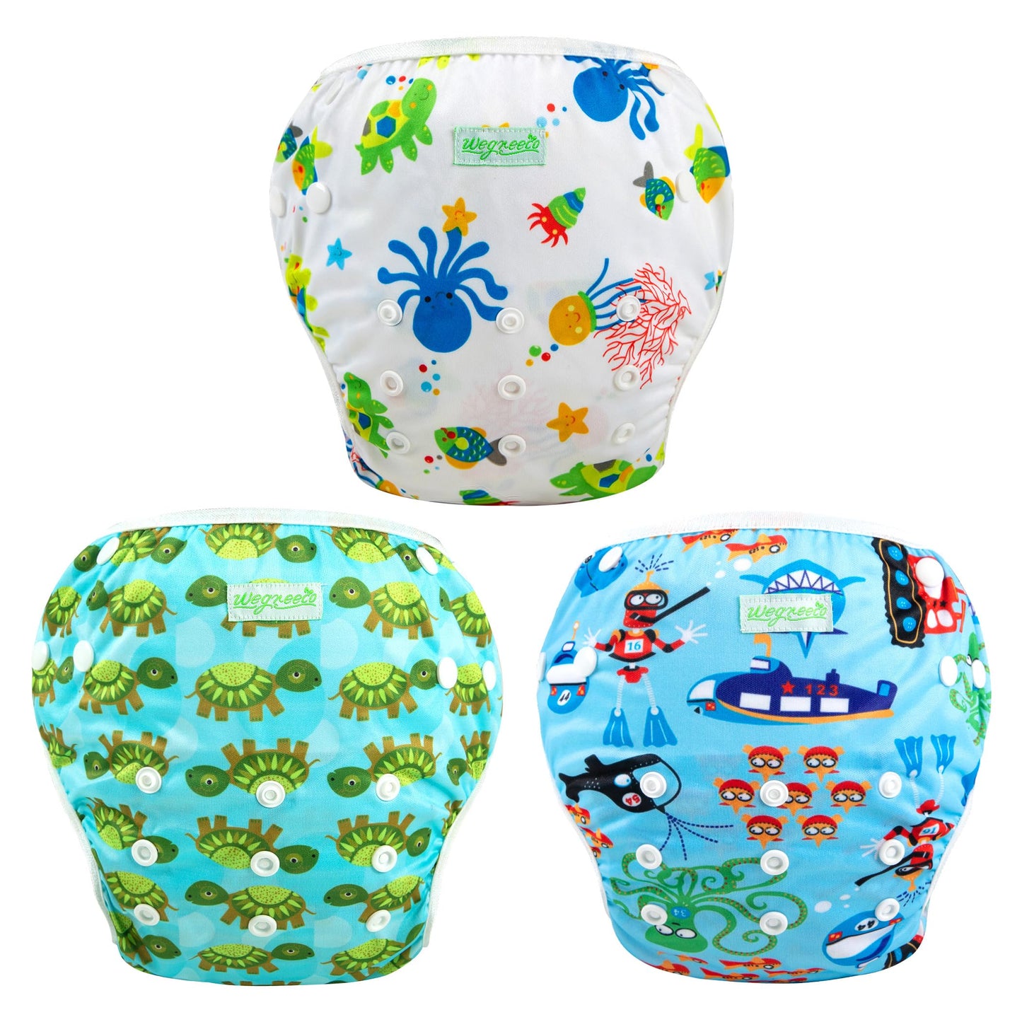 wegreeco Reusable Swim Diapers,Baby & Toddler Snap One Size Adjustable Reusable Baby Swim Diaper (Diving,Ocean,Turtle,Small,3 Pa
