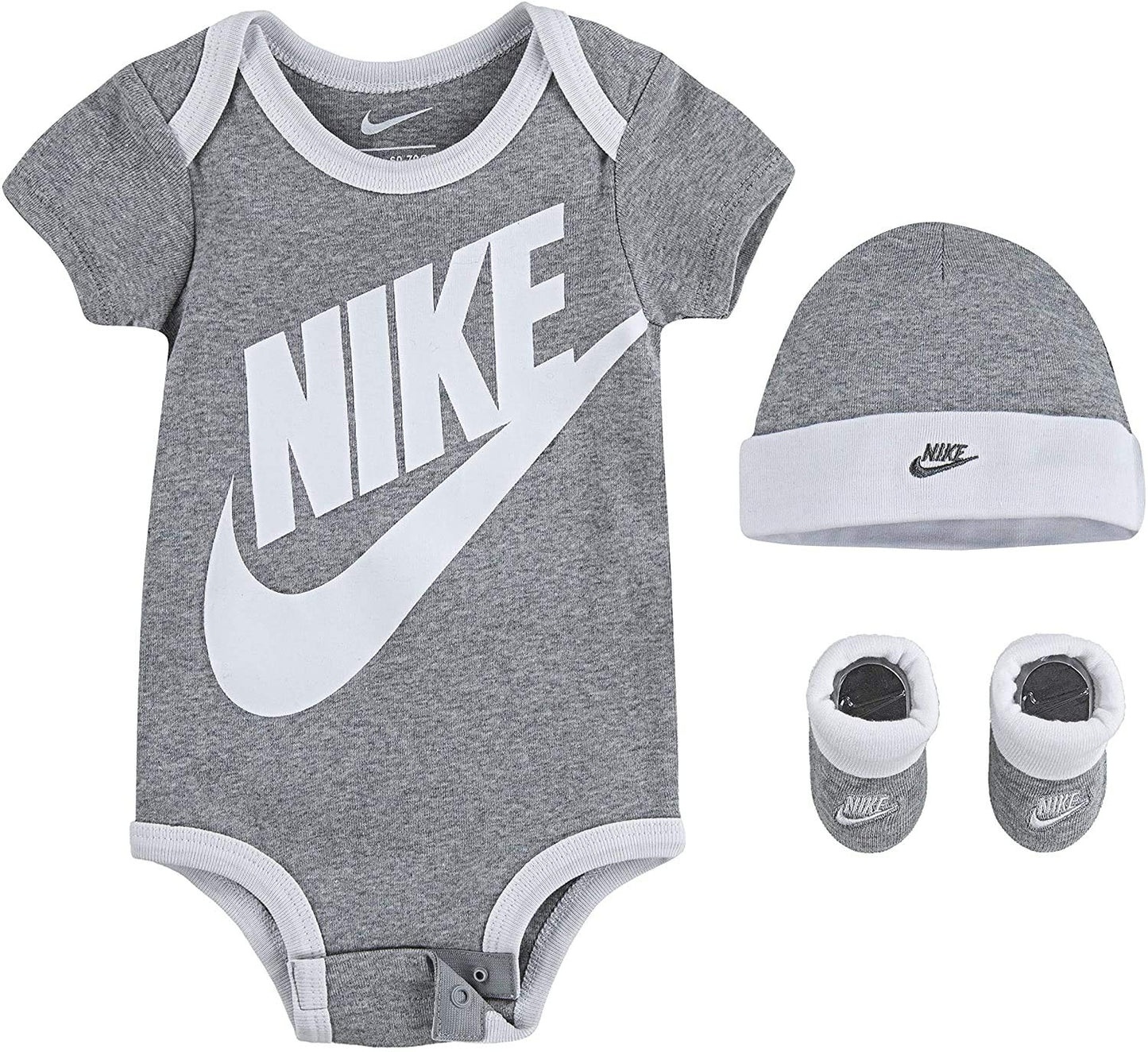 Nike Babys Bodysuit, Hat And Booties 3 Piece Set (Heather Grey(Mn0073-042)/White, 6-12 Months)