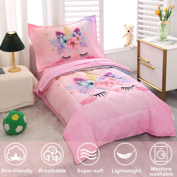 Toddler Bedding Set For Girls 4 Piece Pink Cartoon Unicorn Toddler Comforter Set For Baby Kids Crib Toddler Bed Sheet Set Bed-In